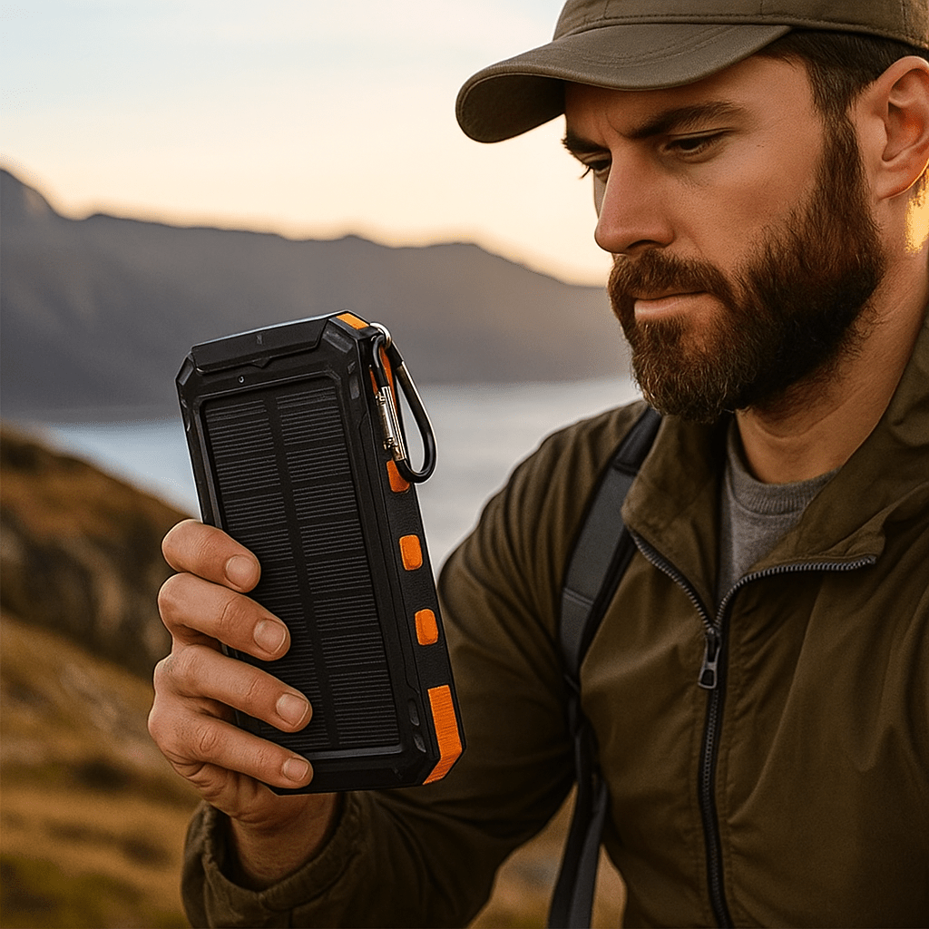 Aurinkokäyttöinen Power Bank LED - taskulampulla - EmiyoSuomi - Leirintäalue