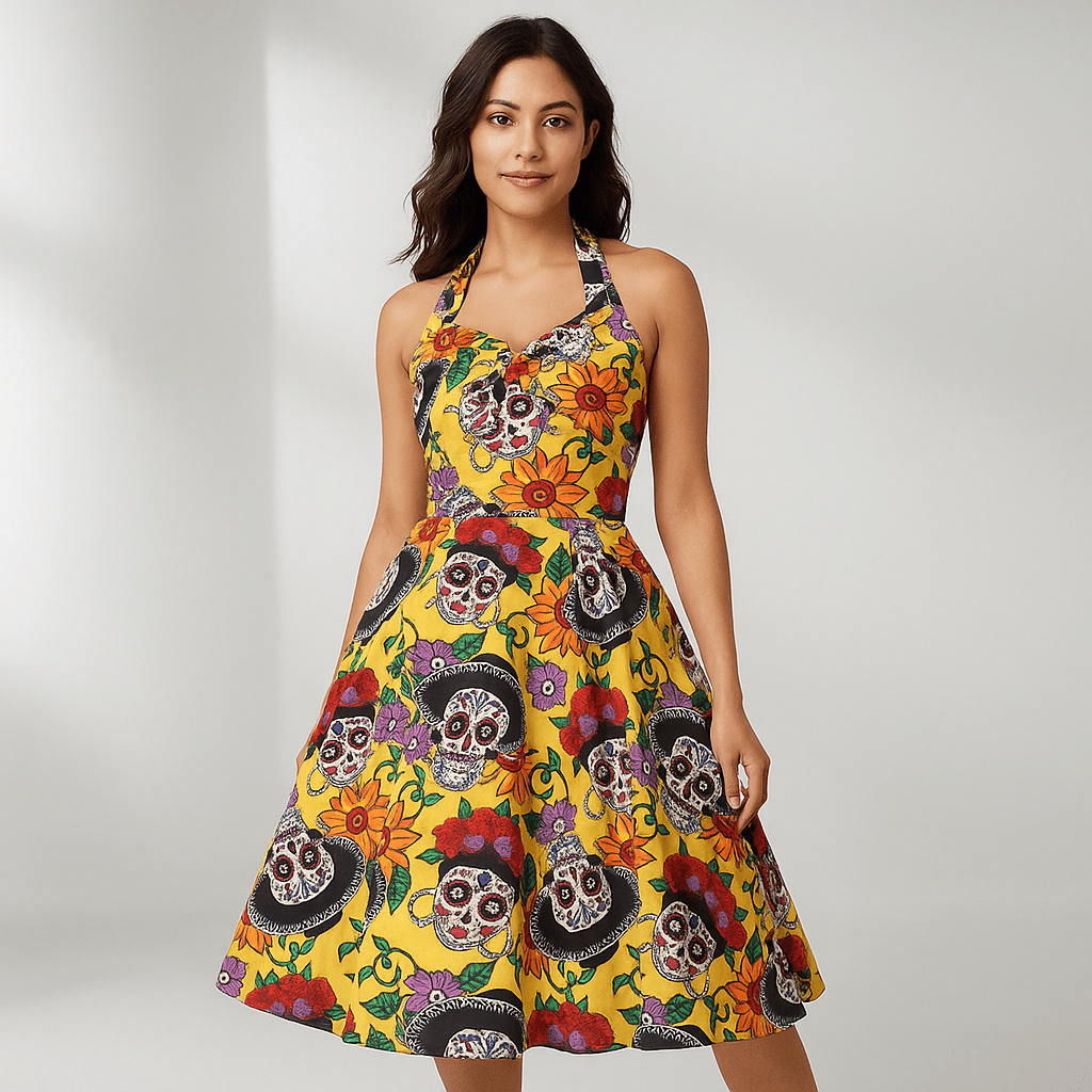 Bettina Midi Mekko - Pääkallo Printti - Uniikki Muoti - EmiyoSuomi - Halloween