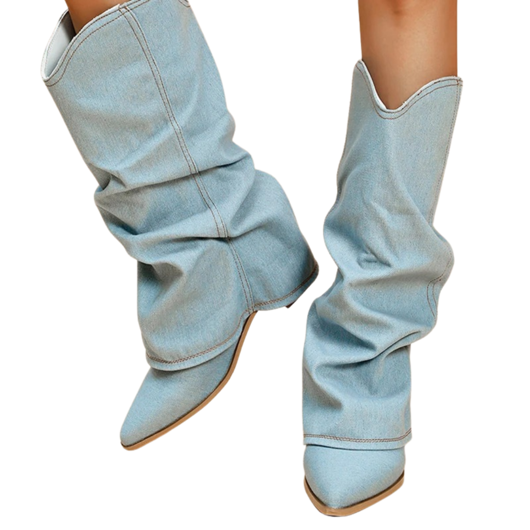 Naisten Denim Saappaat | Block Heels | Rento Western-Tyyli | Nilkkapituus ja Leveä Varsi-RANDOM-EmiyoSuomi