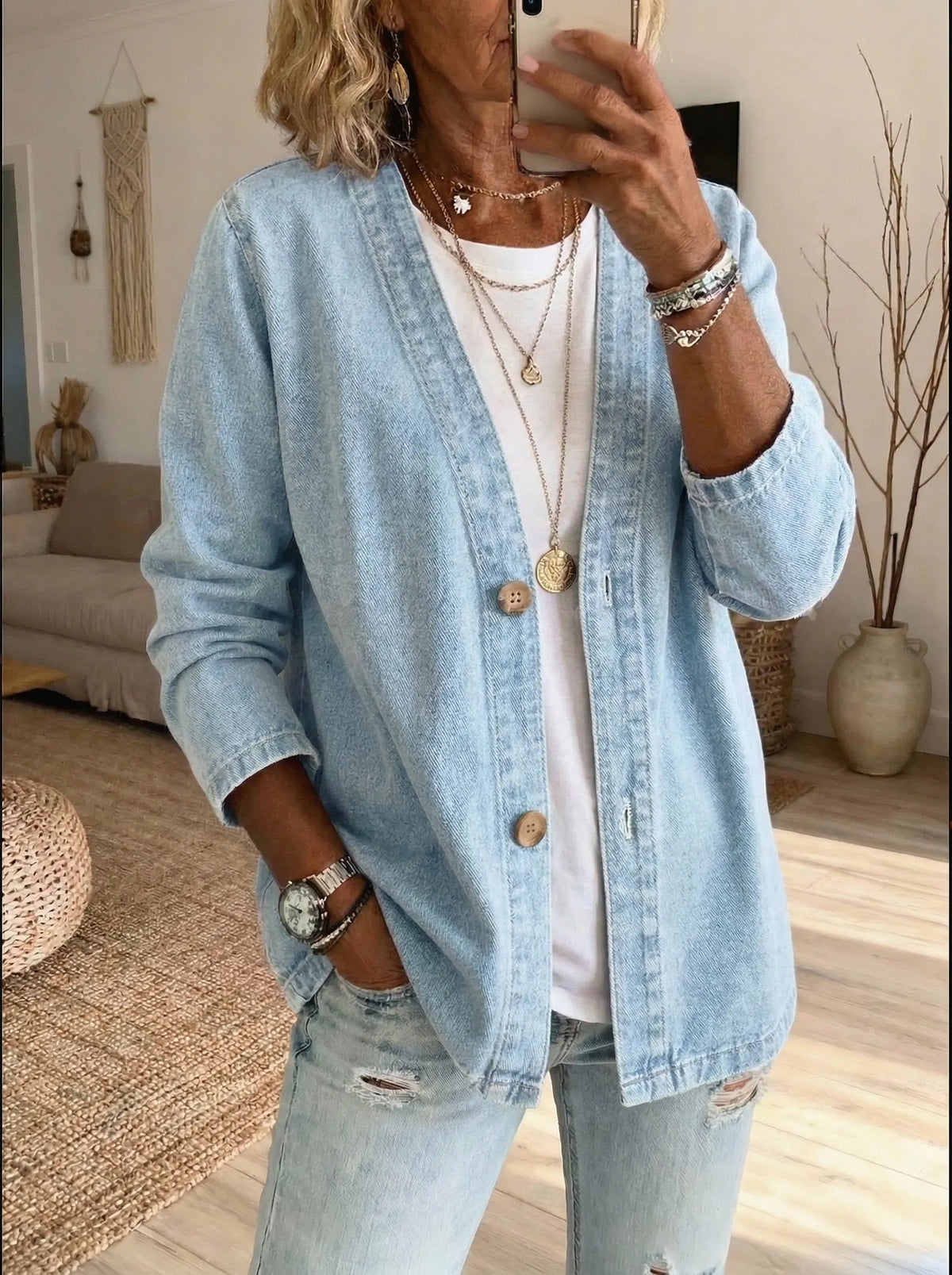 Denimtakki | Nappirivit, Pitkät Hihat | Casual