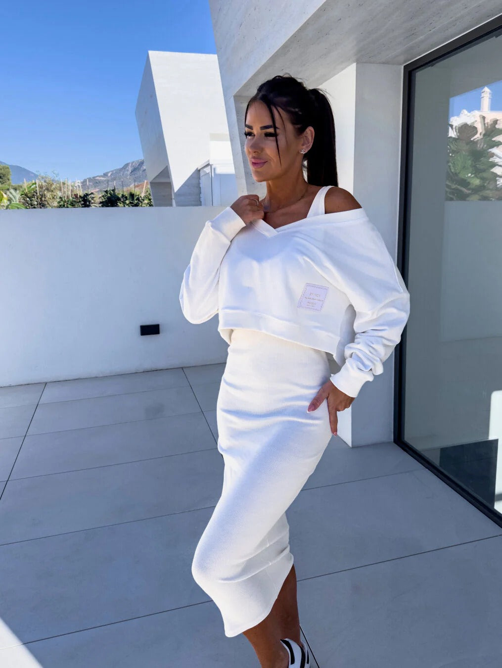 Naisten Pitkähiha V-pääntie Crop Top & Bodycon Midi Hame-Mekot-EmiyoSuomi