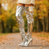 Dame Yli - polven Saappaat - Kiiltävä Pinta - Terävä Varvas - EmiyoSuomi - Saappaat Nainen