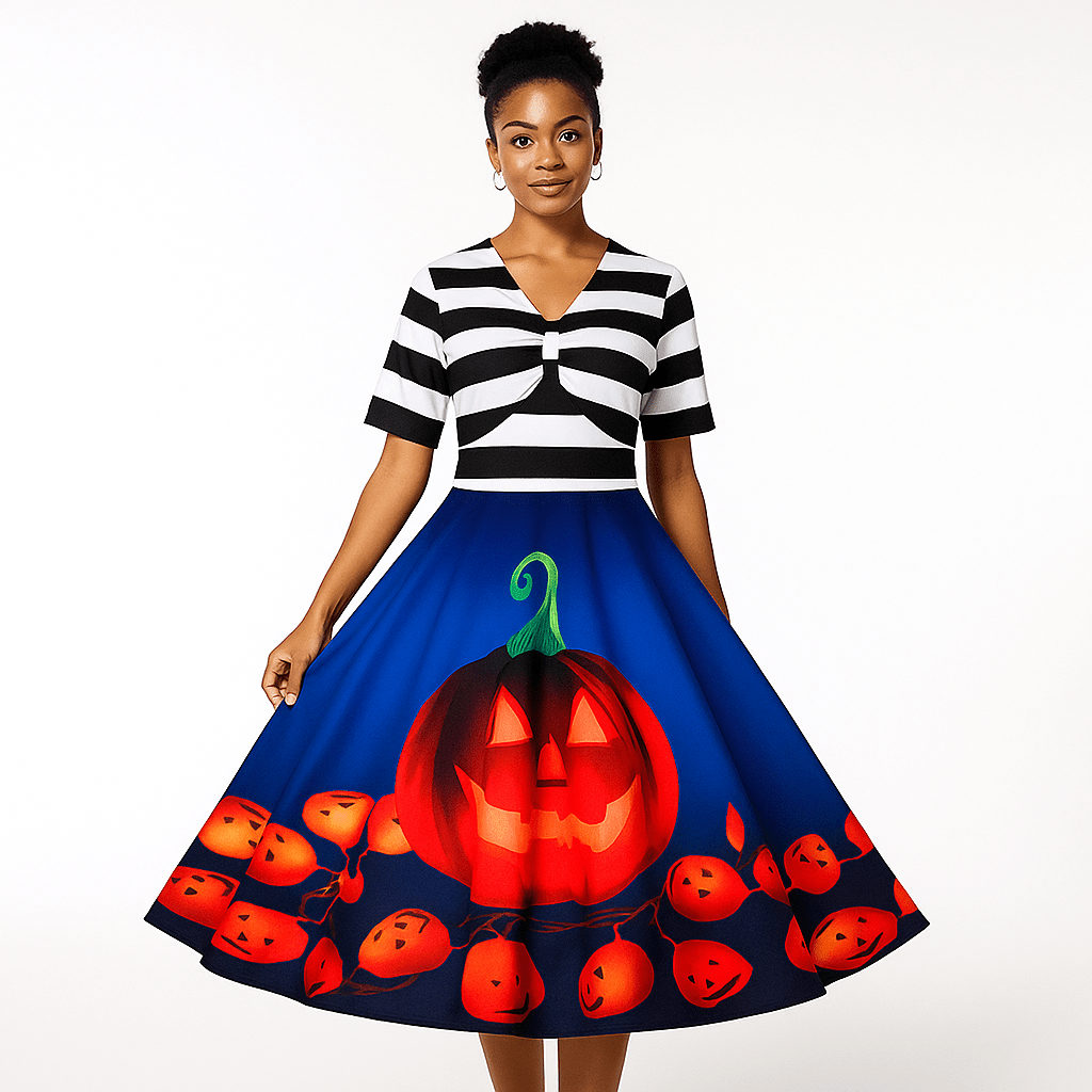 Daniela Vintage Halloween Mekko - Kurpitsaprintti - Midi - Pituus - Tyylikäs Juhlapuku - EmiyoSuomi - Halloween