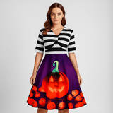 Daniela Vintage Halloween Mekko - Kurpitsaprintti - Midi - Pituus - Tyylikäs Juhlapuku - EmiyoSuomi - Halloween