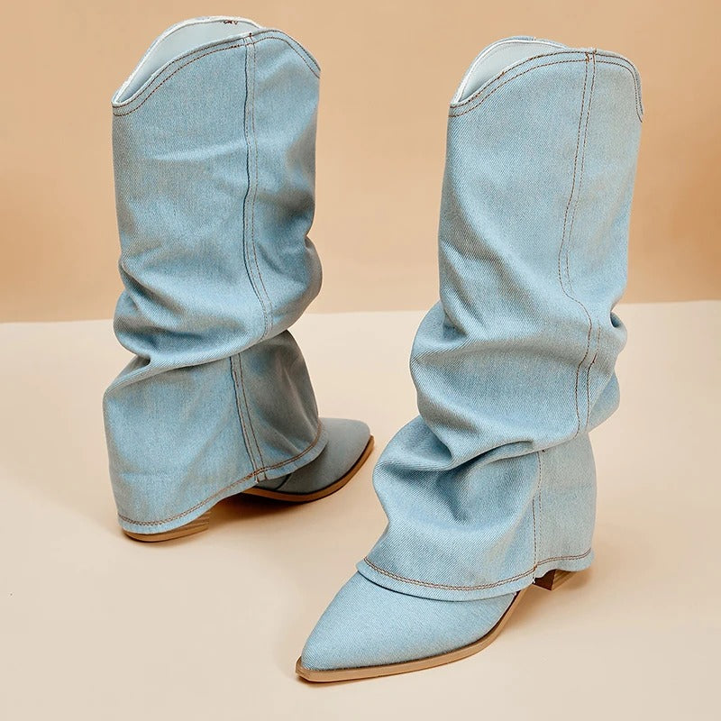 Naisten Denim Saappaat | Block Heels | Rento Western-Tyyli | Nilkkapituus ja Leveä Varsi-RANDOM-EmiyoSuomi
