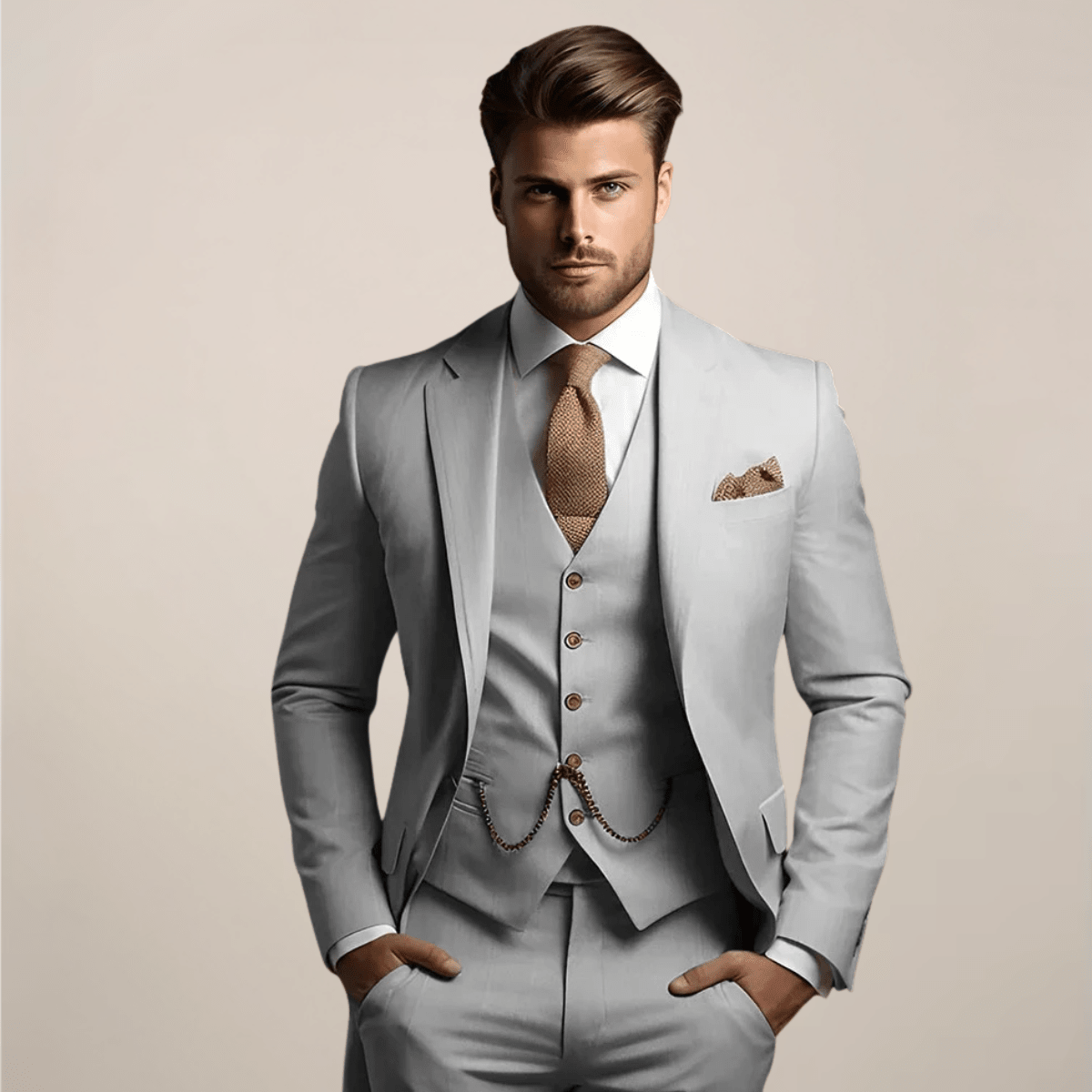 Miesten kolmiosainen slim fit puku muodolliselle tilaisuudelle
