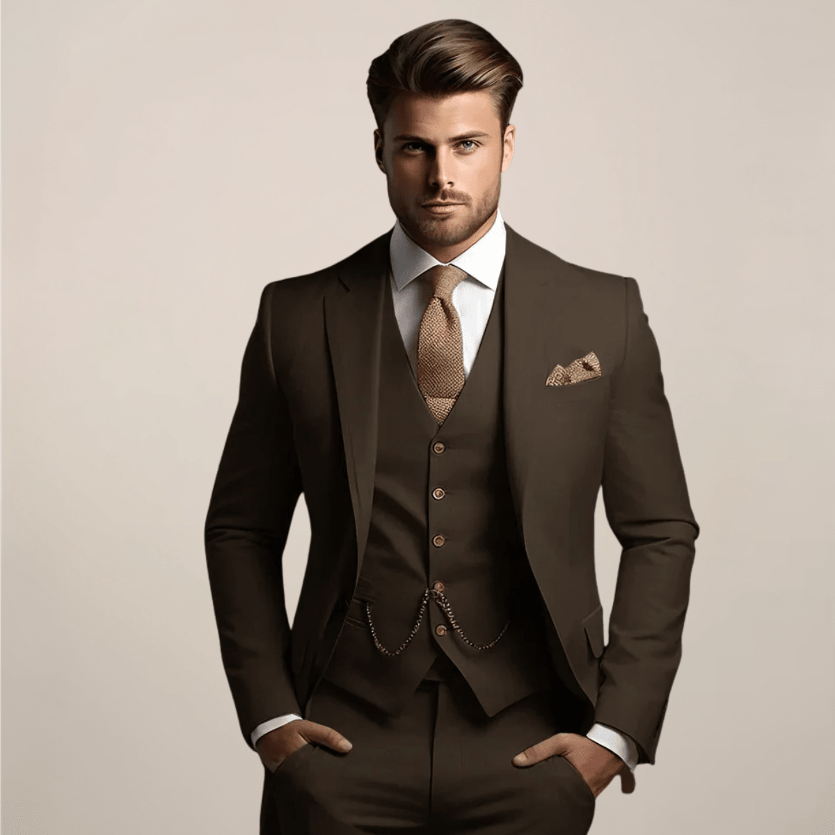 Miesten kolmiosainen slim fit puku muodolliselle tilaisuudelle