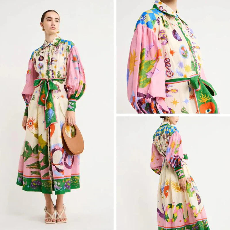 Babette - Pitkä vintage-kuvioitu mekko - Ainutlaatuinen tyyli-Mekot-EmiyoSuomi