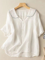 Retro naisten chemisier, nukke-kaulus, puuvilla-lin-Kesäasut-EmiyoSuomi