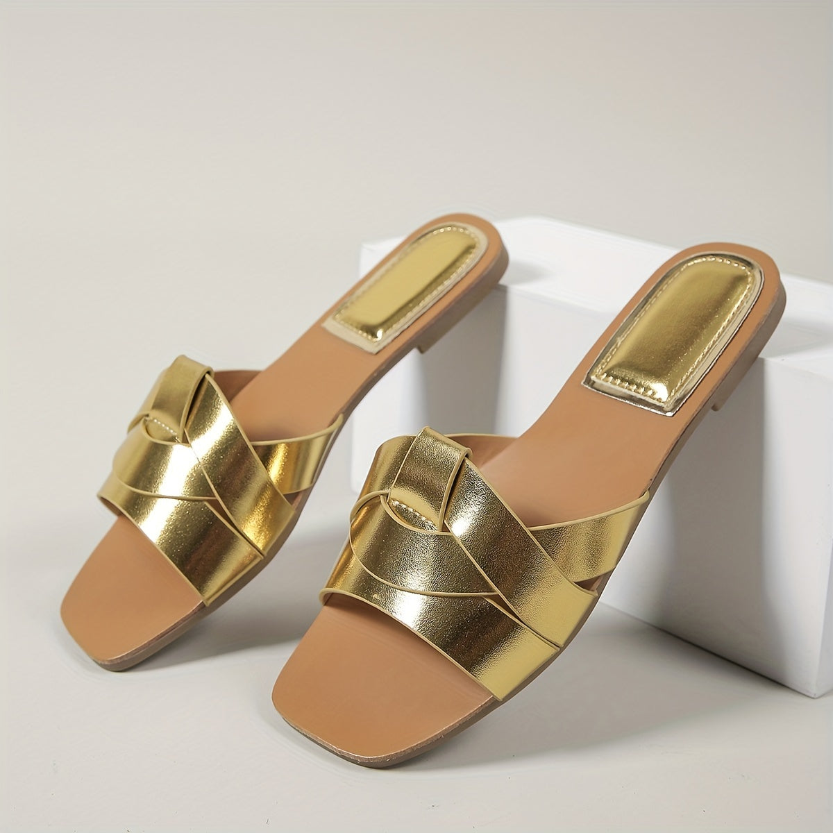 Naisten neliönmuotoiset liukusandalit – PU-hihnat, tasapohjat, kevät-kesämuoti-Sandaalit-EmiyoSuomi