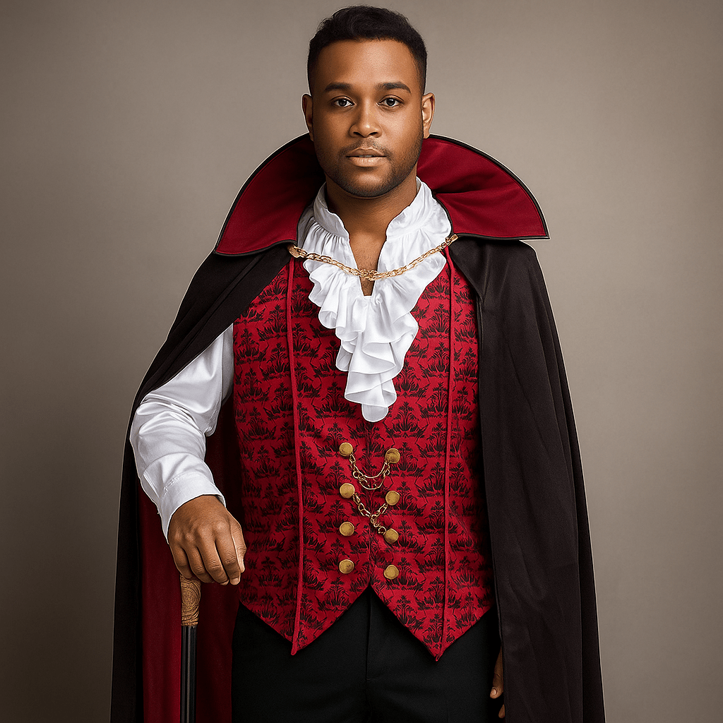 Goottinen Miesten Vampyyri Puku - Pitkä Viitta - Volangpaita - EmiyoSuomi - Halloween