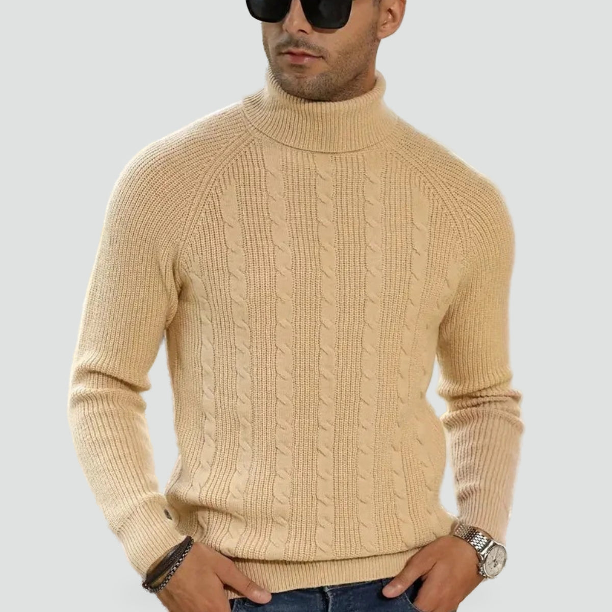 Miesten kaaperineule lyhyt kaulus ribbireunat beige