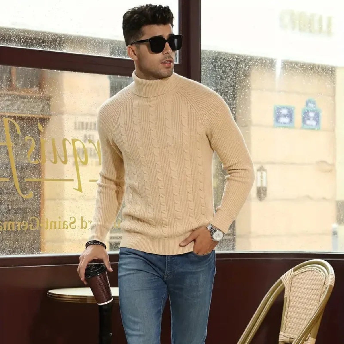 Miesten kaaperineule lyhyt kaulus ribbireunat beige