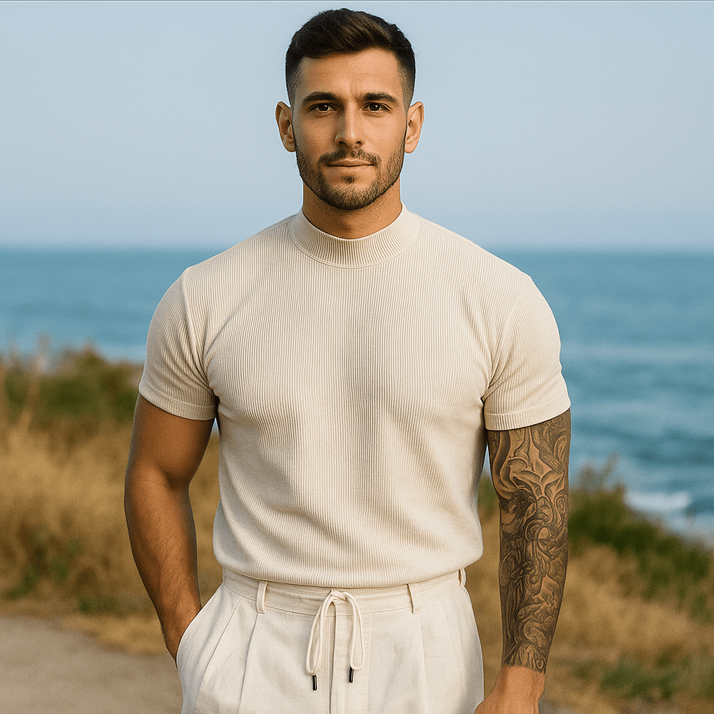 Miesten Fitted Ribbet Neulepaita - Lyhyt Hiha - Hengittävä Stretchkangas - EmiyoSuomi - Villapaita Miehet