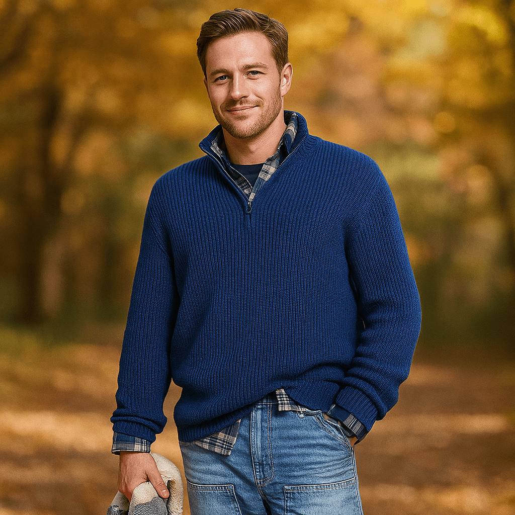 Miesten Half - Zip Neulepaita - Ribbikuvio - Korkea Kaulus - Rentoa Istuvuutta - EmiyoSuomi - Villapaita Miehet