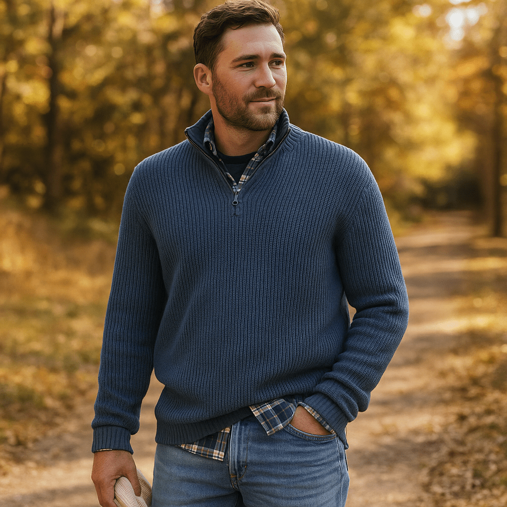 Miesten Half - Zip Neulepaita - Ribbikuvio - Korkea Kaulus - Rentoa Istuvuutta - EmiyoSuomi - Villapaita Miehet