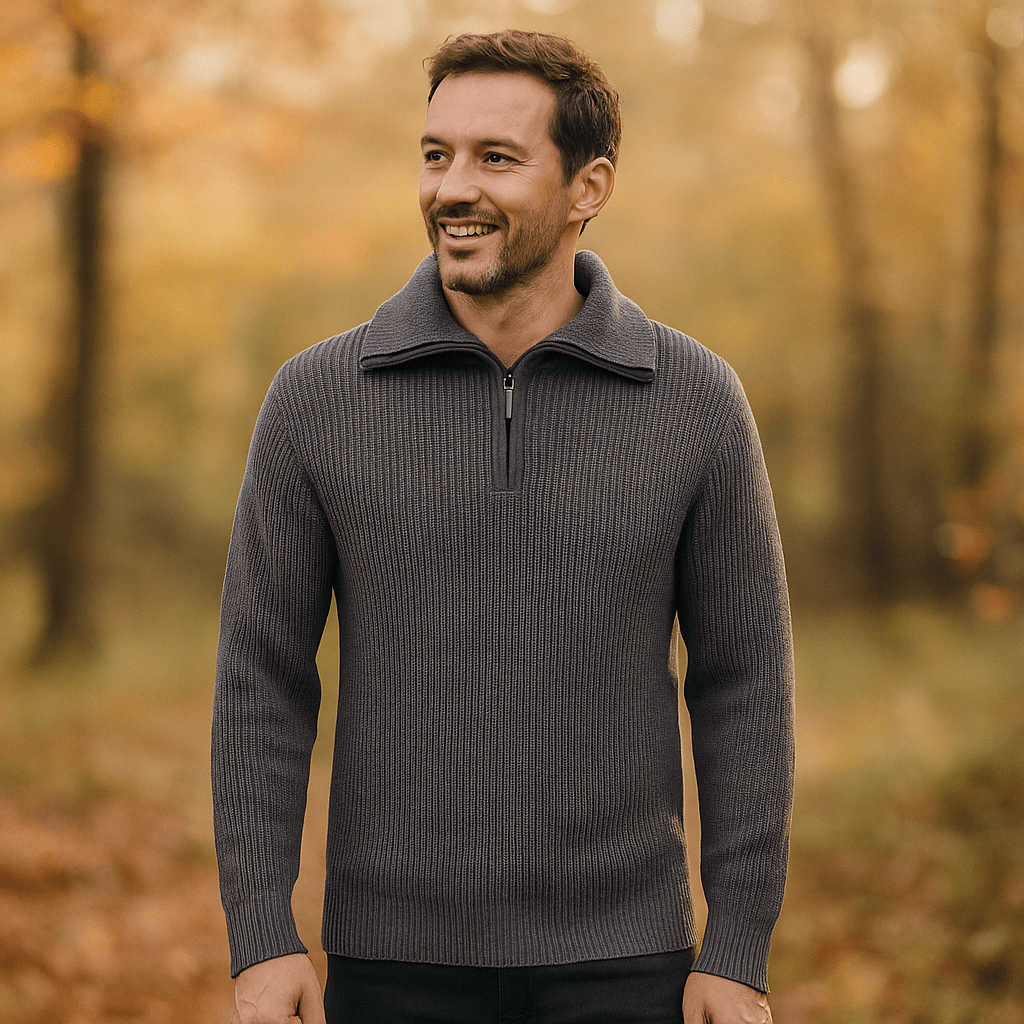 Miesten Half - Zip Villapaita - Rakenteellinen Neule - Korkea Kaulus - Ribatut Hihansuut - EmiyoSuomi - Villapaita Miehet