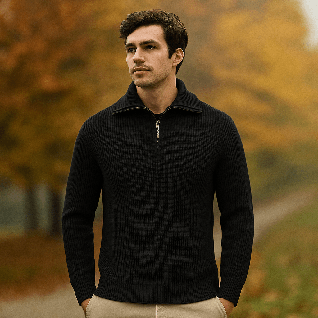 Miesten Half - Zip Villapaita - Rakenteellinen Neule - Korkea Kaulus - Ribatut Hihansuut - EmiyoSuomi - Villapaita Miehet