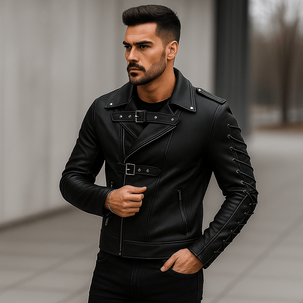 Miesten moottoripyörätakki – naruvedin – solkikiinnitykset – rento tyyli - EmiyoSuomi - Takit - Miehet