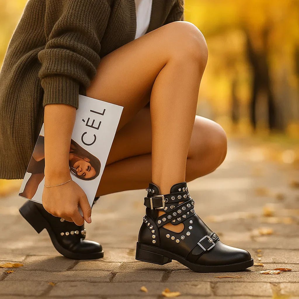Naisille Biker - saappaat - Niitit - Säädettävät Hihnat - Kestävä Tyyli - EmiyoSuomi - Saappaat Nainen