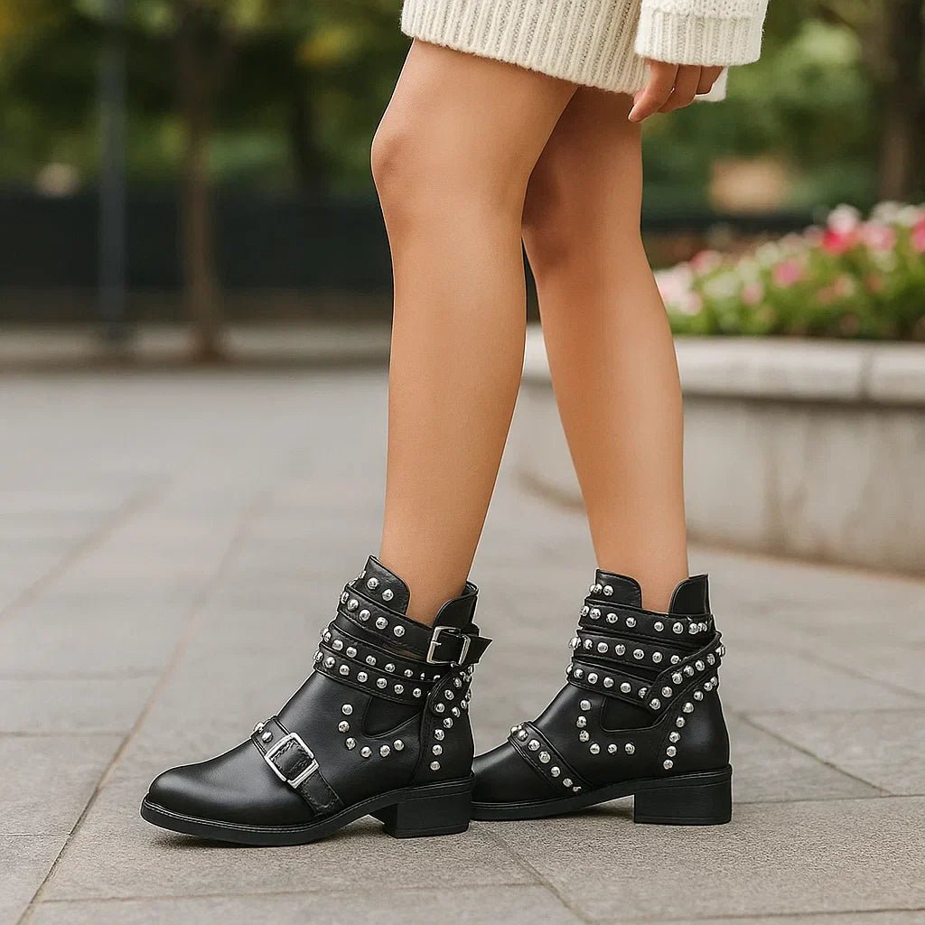 Naisille Biker - saappaat - Niitit - Säädettävät Hihnat - Kestävä Tyyli - EmiyoSuomi - Saappaat Nainen