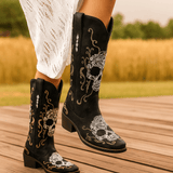 Naisten Cowboy - saappaat – Kirjailtu Luuranko – Paksu Korko – Terävä Kärkinen - EmiyoSuomi - Saappaat Nainen