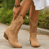 Naisten Cowboy - saappaat – Nahka – Reikäkuvioitu – Keskikorkea Korko – Sivuvetoketju - EmiyoSuomi - Saappaat Nainen