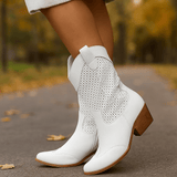 Naisten Cowboy - saappaat – Nahka – Reikäkuvioitu – Keskikorkea Korko – Sivuvetoketju - EmiyoSuomi - Saappaat Nainen