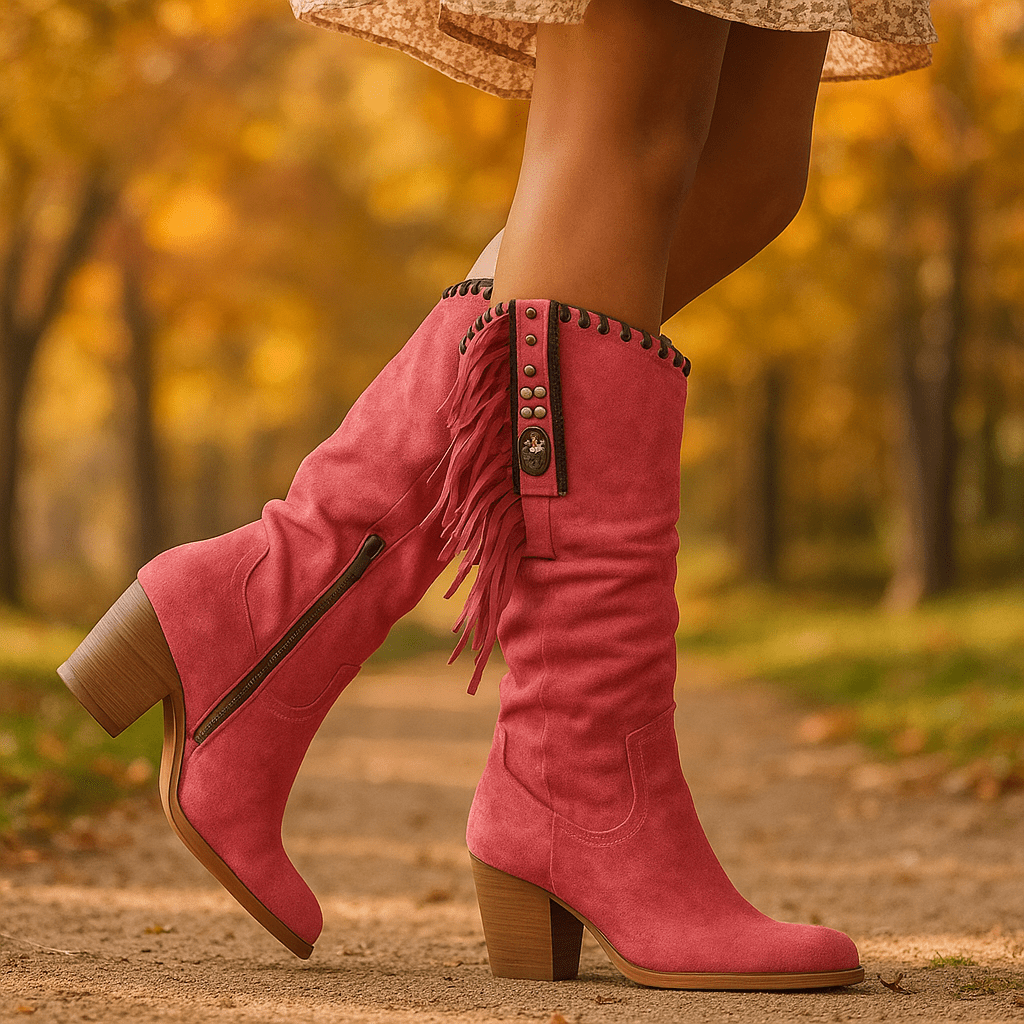 Naisten Keskikorkeat Nappanahka Saappaat – Ripsut – Loivakorko – Western Boho - EmiyoSuomi - Saappaat Nainen