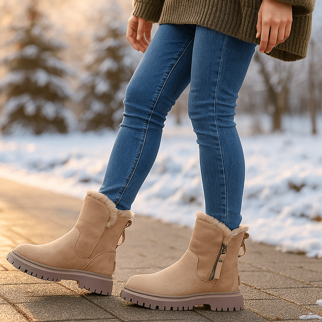 Naisten Keskikorkeat Saappaat - Nappanahkainen Ilme - Tekoturkis Mukavuus - EmiyoSuomi - Saappaat Nainen