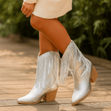 Naisten Keskipituinen Saapas - Terävä Nenä - Paksu Korko - Paljetti & Tupsu Yksityiskohta - EmiyoSuomi - Saappaat Nainen