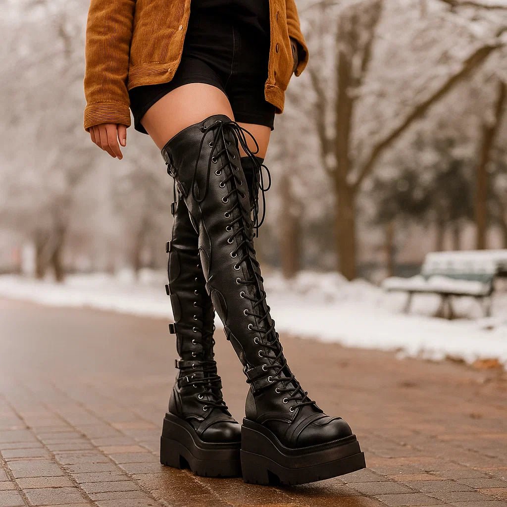 Naisten Korkeat Nauhakengät - Trendikäs Alustakenkä - Säädettävä Nauhajärjestelmä - EmiyoSuomi - Saappaat Nainen