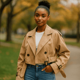 Naisten Lyhyt Trench Takki - Boxy Siluetti - Kaksoispainike - Vyötäröhihat - EmiyoSuomi - Takki Nainen