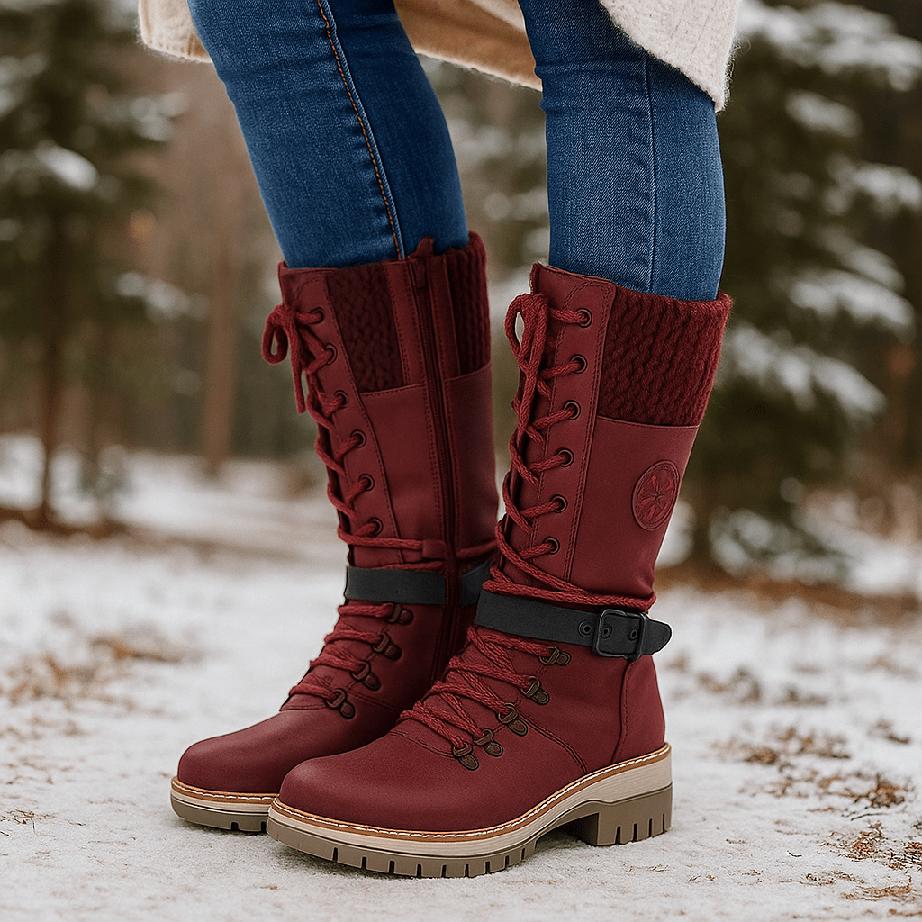 Naisten Mid - Calf Saappaat - Nahkajäljitelmä - Nauhat & Vetoketju - Liukumaton Pohja - EmiyoSuomi - Saappaat Nainen