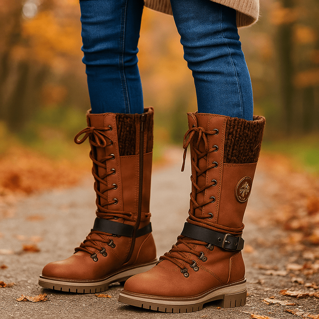 Naisten Mid - Calf Saappaat - Nahkajäljitelmä - Nauhat & Vetoketju - Liukumaton Pohja - EmiyoSuomi - Saappaat Nainen