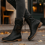 Naisten Nahkasaappaat Keskikorkealla Varrella – Nauhoitettu Istuvuus – Metalliniittejä – Matala Korko - EmiyoSuomi - Saappaat Nainen