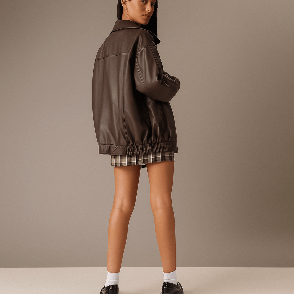 Naisten Nahkatakki – Ylisuurta Mallia – Lantiopituus – Vetoketjukiinnitys - EmiyoSuomi - Takki Nainen