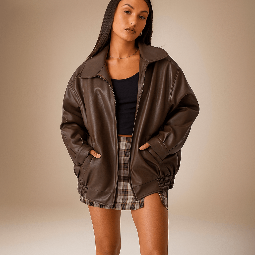 Naisten Nahkatakki – Ylisuurta Mallia – Lantiopituus – Vetoketjukiinnitys - EmiyoSuomi - Takki Nainen