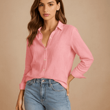 Naisten Napillinen Paita - Kevyt Pellavasekoite - Pitkät Hihat - EmiyoSuomi - Neulepusero Nainen