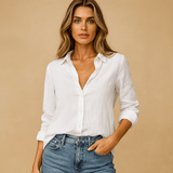 Naisten Napillinen Paita - Kevyt Pellavasekoite - Pitkät Hihat - EmiyoSuomi - Neulepusero Nainen