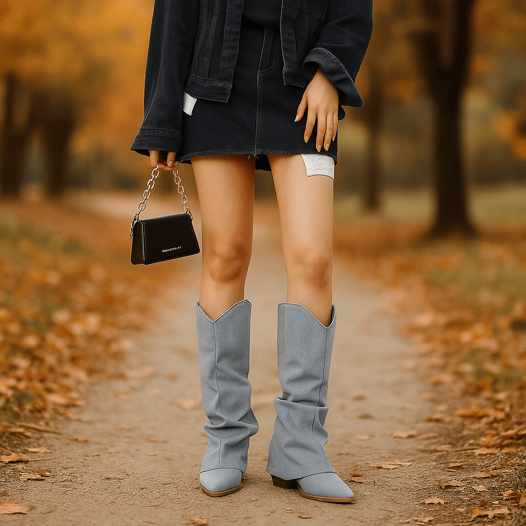 Naisten Polvenkorkuiset Denim Cowboy - saappaat - Tyylikkäät - Mukavat - Kestävät - EmiyoSuomi - Saappaat Nainen