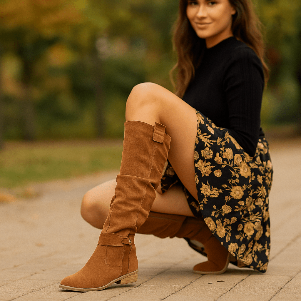 Naisten Polvenkorkuiset Saappaat - Nappanahka Viimeistely - Matala Korko - Pyöreä Varvas - Sivulukko - Solki Yksityiskohta - EmiyoSuomi - Saappaat Nainen