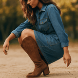 Naisten Polvipituiset Cowboy - saappaat – Nappanahka Tuntu – Pyöreä Varvas Korko - EmiyoSuomi - Saappaat Nainen