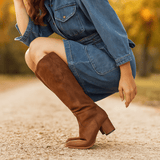 Naisten Polvipituiset Cowboy - saappaat – Nappanahka Tuntu – Pyöreä Varvas Korko - EmiyoSuomi - Saappaat Nainen