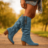 Naisten Polvipituiset Saappaat - Keinomokka - Ripsureunat - Western - tyyli - Loivahkot Korkokengät - EmiyoSuomi - Saappaat Nainen