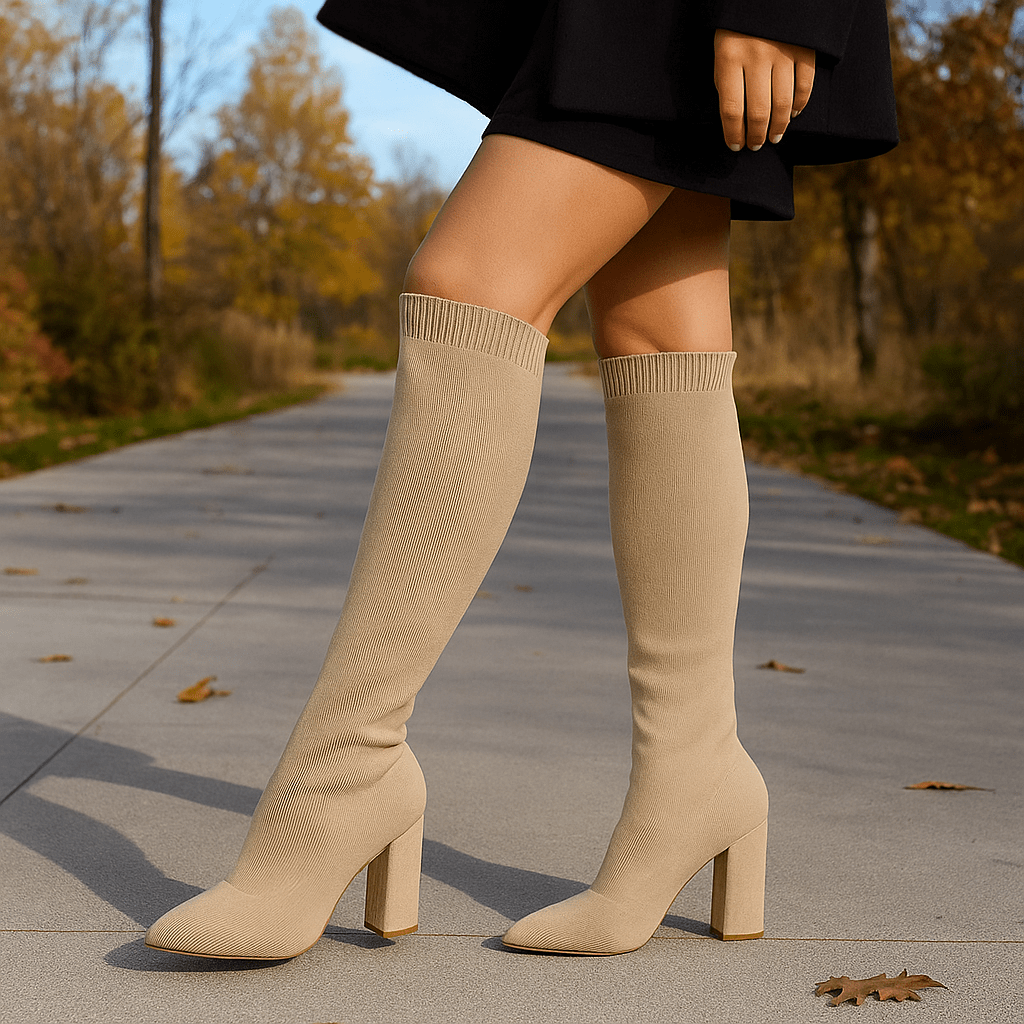 Naisten Polvipituiset Sukka Saappaat - Stretch - Knit - Slim Fit - Terävä Varvas - Loivakorko - EmiyoSuomi - Saappaat Nainen