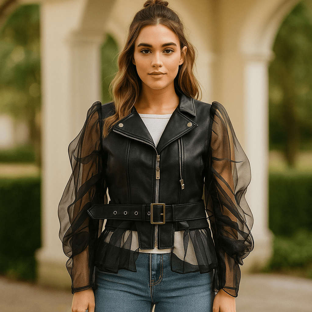 Naisten Tekonahkajakku - Läpinäkyvät Rypytetyt Hihat - Vyö - Vetoketjukiinnitys - EmiyoSuomi - Takki Nainen