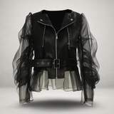 Naisten Tekonahkajakku - Läpinäkyvät Rypytetyt Hihat - Vyö - Vetoketjukiinnitys - EmiyoSuomi - Takki Nainen