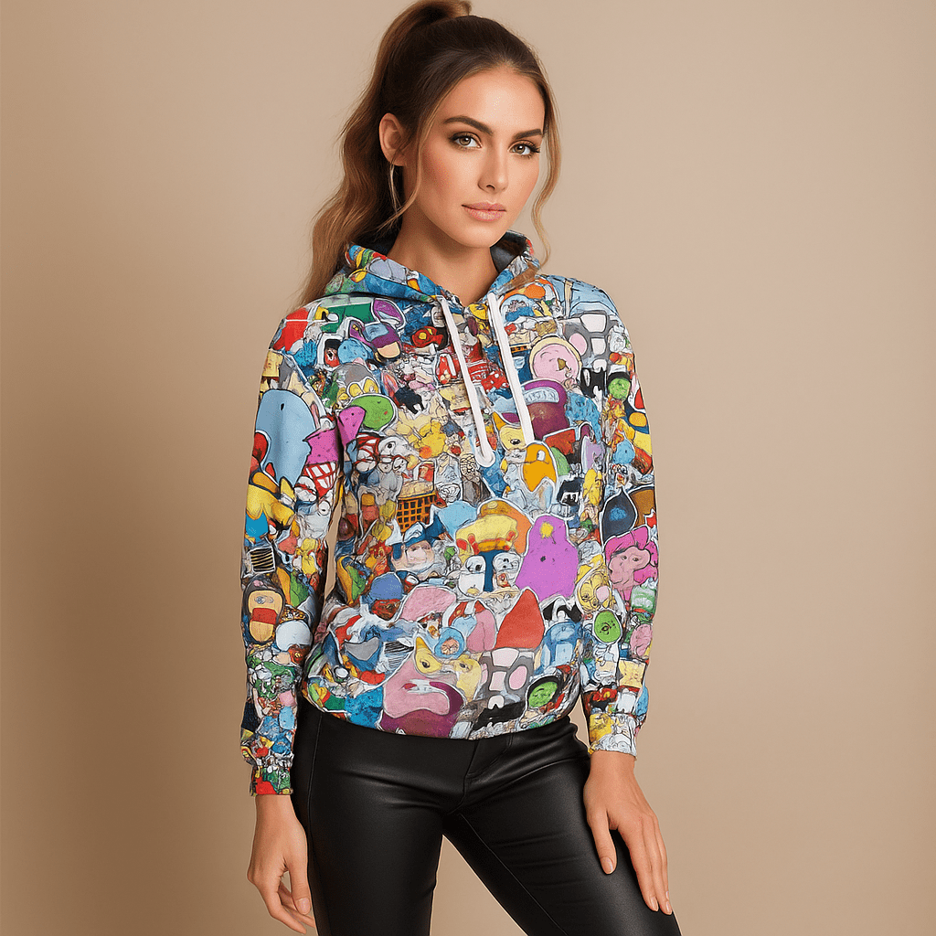 Naisten Värikkäät Hupparit - Uniikit Sarjakuvamotiivit - Laadukas Design - EmiyoSuomi - Neulepusero Nainen