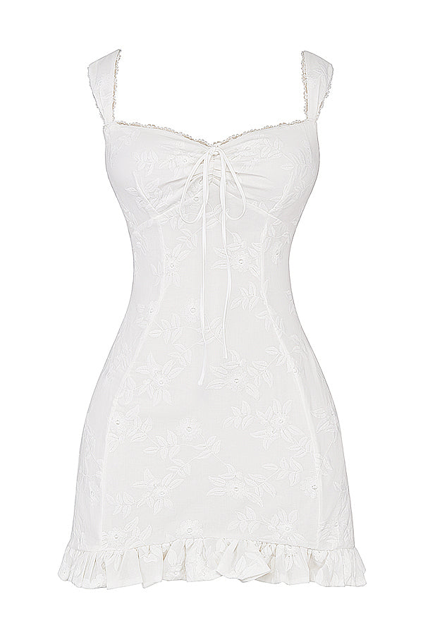 Valkoinen broderad miniklänning - Elegant - Sommar-Mekot-EmiyoSuomi